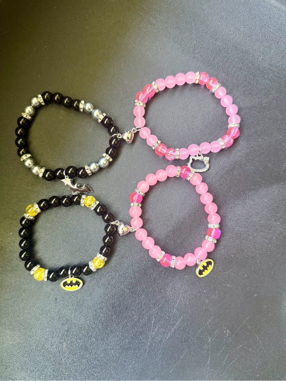 Detachable Pink & Black Beaded Charm Bracelet Set - Bat & Heart Charms